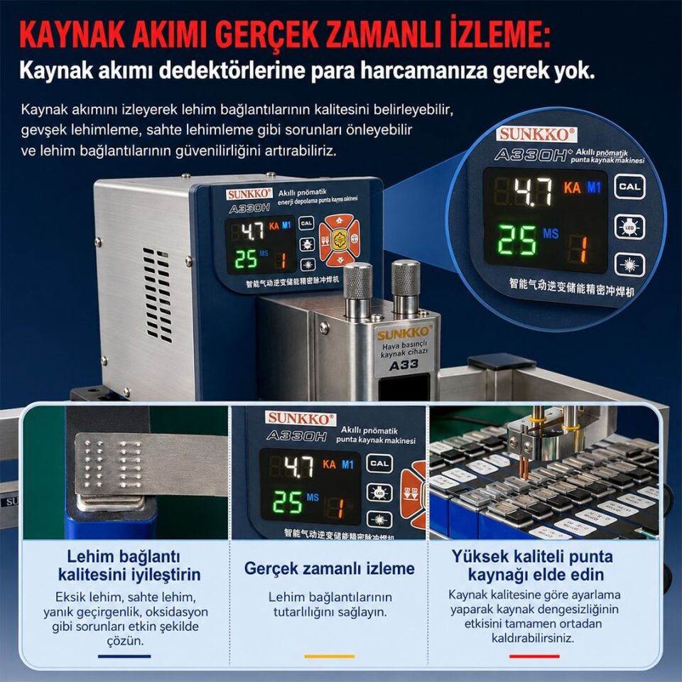 Sunkko A330 Pnömatik Enerji Depolamalı Punta Kaynak Makinesi 12Kw 2000A Profesyonel Batarya Punta Cihazı
