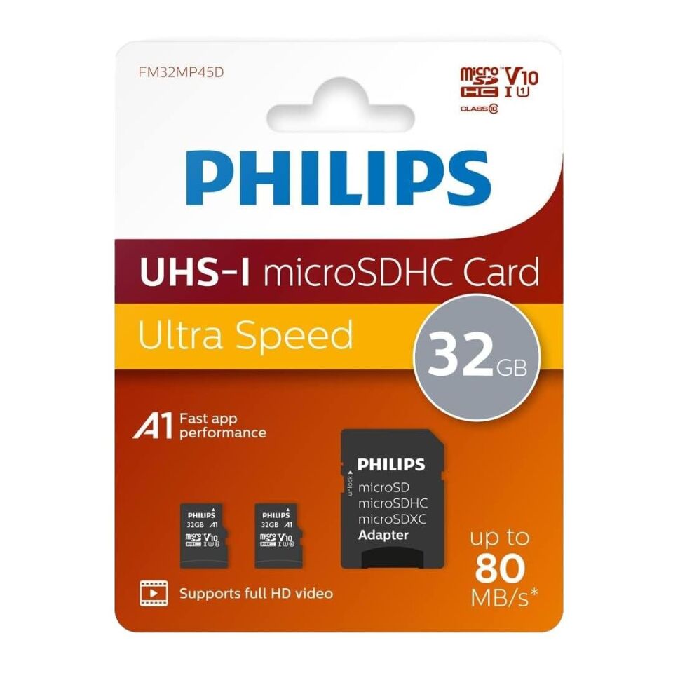 Philips FM32MP45D/00 32GB Class10 UHS-I U1 TF Adaptörlü Micro SDHC Hafıza Kartı (2'Li Paket)