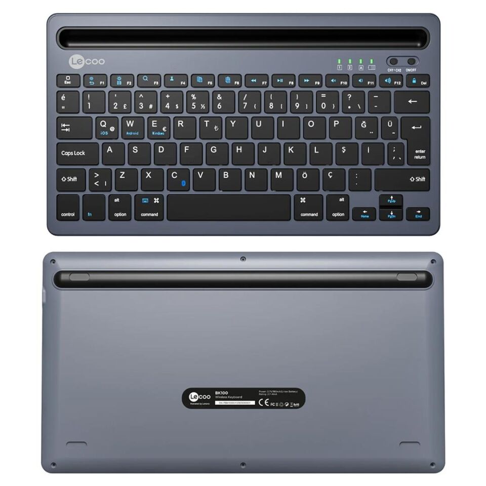 Lenovo Lecoo BK100 Bluetooth V3.0 Çoklu Cihaz Uyumlu Şarj Edilebilir Kablosuz Gri Türkçe Q Klavye