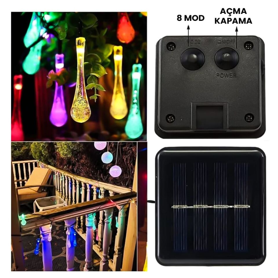 Powermaster PM-29078 8 Modlu Solar 12M Renkli Su Damlası LED Zinciri - Su Geçirmez Bahçe Ve Balkon Aydınlatması