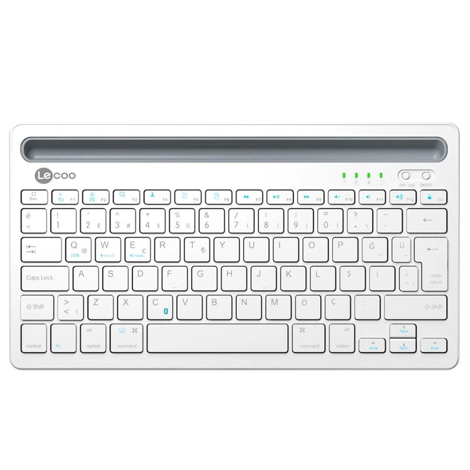 Lenovo Lecoo BK100 Bluetooth V3.0 Çoklu Cihaz Uyumlu Şarj Edilebilir Kablosuz Beyaz Türkçe Q Klavye