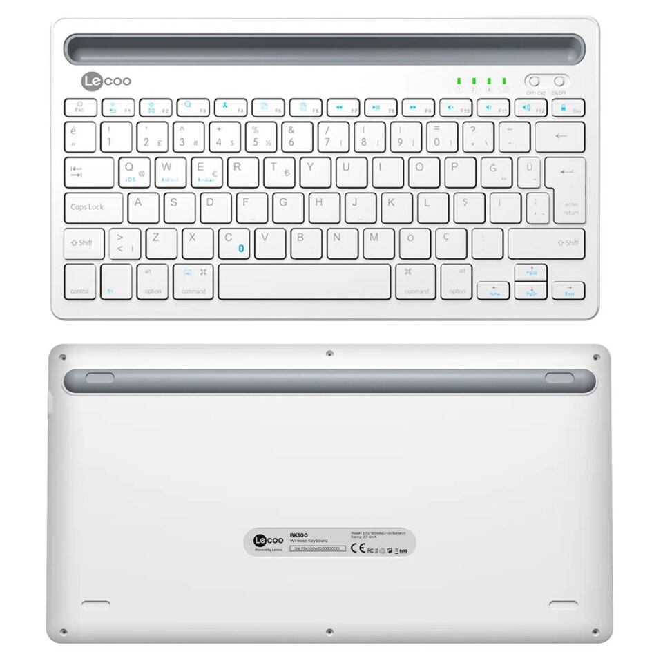 Lenovo Lecoo BK100 Bluetooth V3.0 Çoklu Cihaz Uyumlu Şarj Edilebilir Kablosuz Beyaz Türkçe Q Klavye