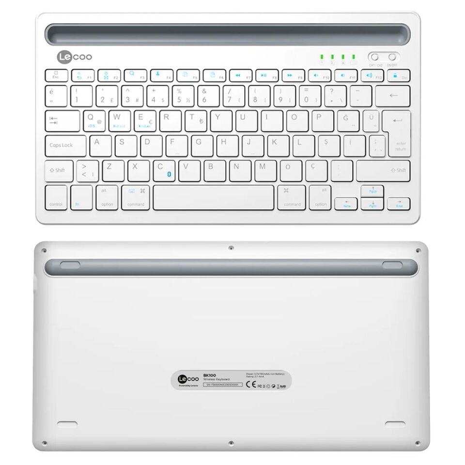 Lenovo Lecoo BK100 Bluetooth V3.0 Çoklu Cihaz Uyumlu Şarj Edilebilir Kablosuz Beyaz Türkçe Q Klavye