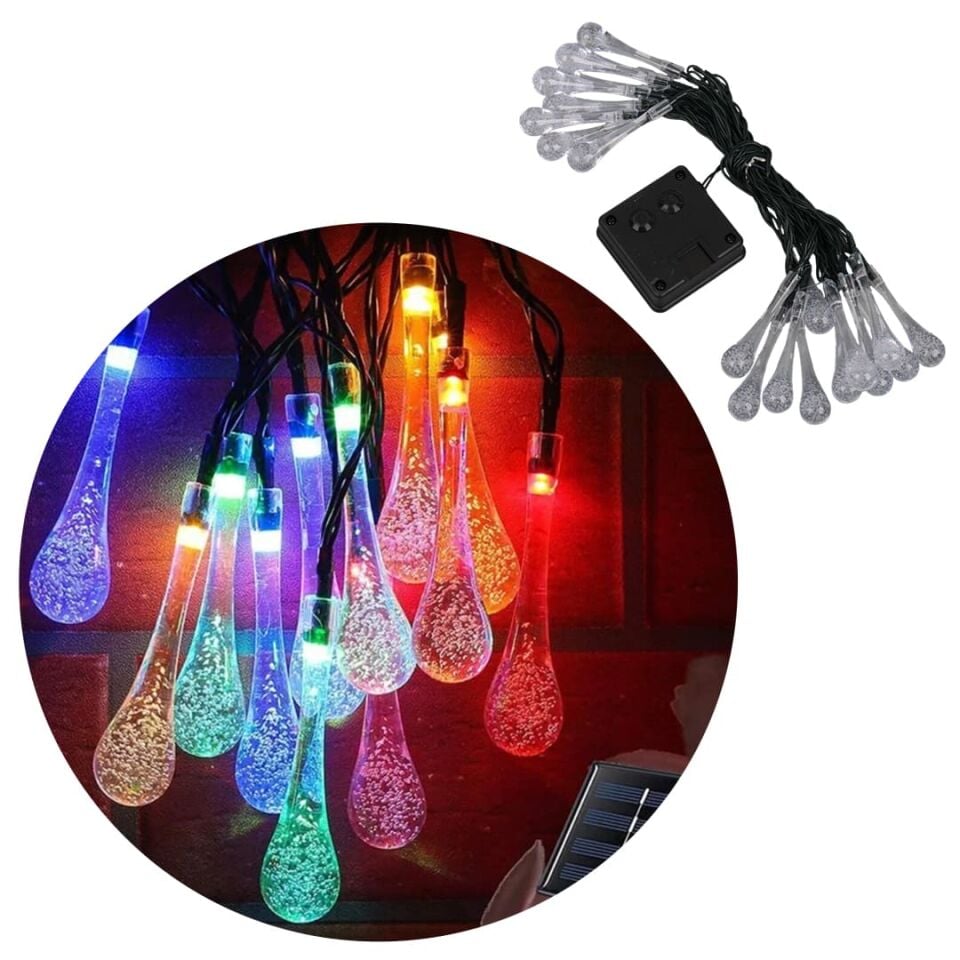 Powermaster PM-29077 8 Modlu Solar 5M Renkli Su Damlası LED Zinciri - Su Geçirmez Bahçe Ve Balkon Aydınlatması