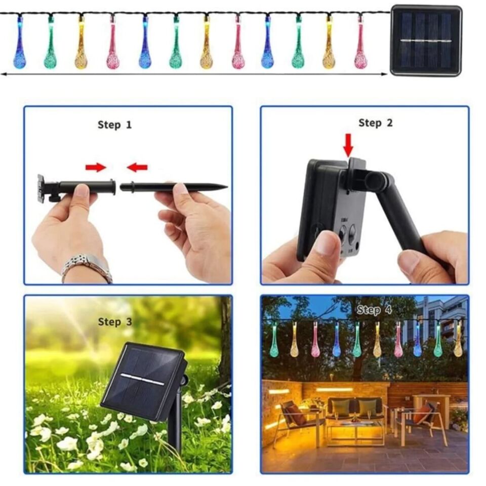 Powermaster PM-29077 8 Modlu Solar 5M Renkli Su Damlası LED Zinciri - Su Geçirmez Bahçe Ve Balkon Aydınlatması