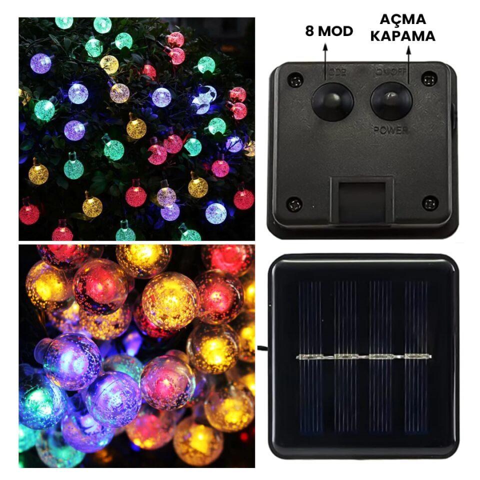 Powermaster PM-29080 Solar Balon LED Dekoratif Bahçe Lambası 12M 100 Adet Çok Renkli Animasyonlu Dış Mekan LED Işık Zinciri