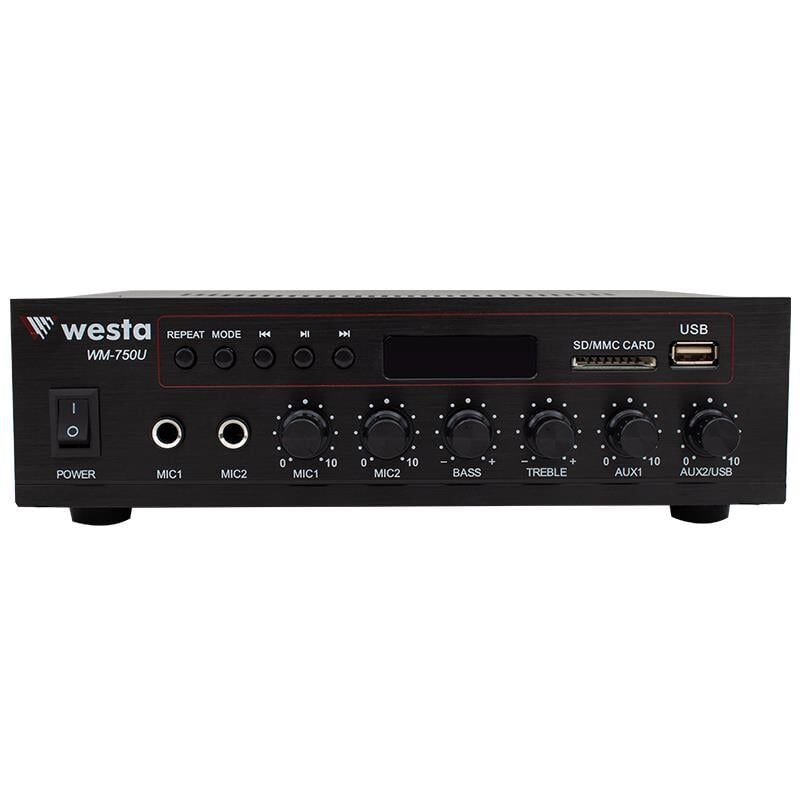 Westa WM-750U 80 Watt 100V-70V Mini Amplifikatör 4-16 Ohm USB-SD-Bluetooth 2 Mikrofon Girişli Trafolu Anfi Mixer Amfi