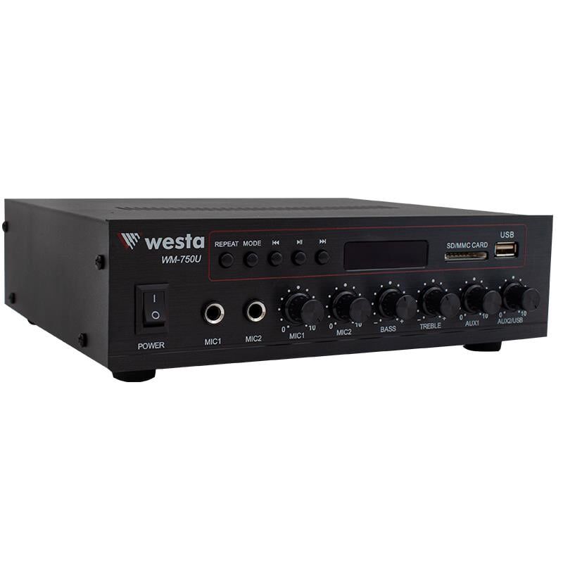 Westa WM-750U 80 Watt 100V-70V Mini Amplifikatör 4-16 Ohm USB-SD-Bluetooth 2 Mikrofon Girişli Trafolu Anfi Mixer Amfi