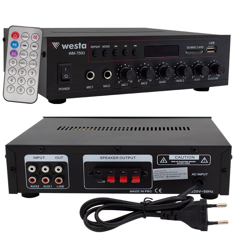 Westa WM-750U 80 Watt 100V-70V Mini Amplifikatör 4-16 Ohm USB-SD-Bluetooth 2 Mikrofon Girişli Trafolu Anfi Mixer Amfi