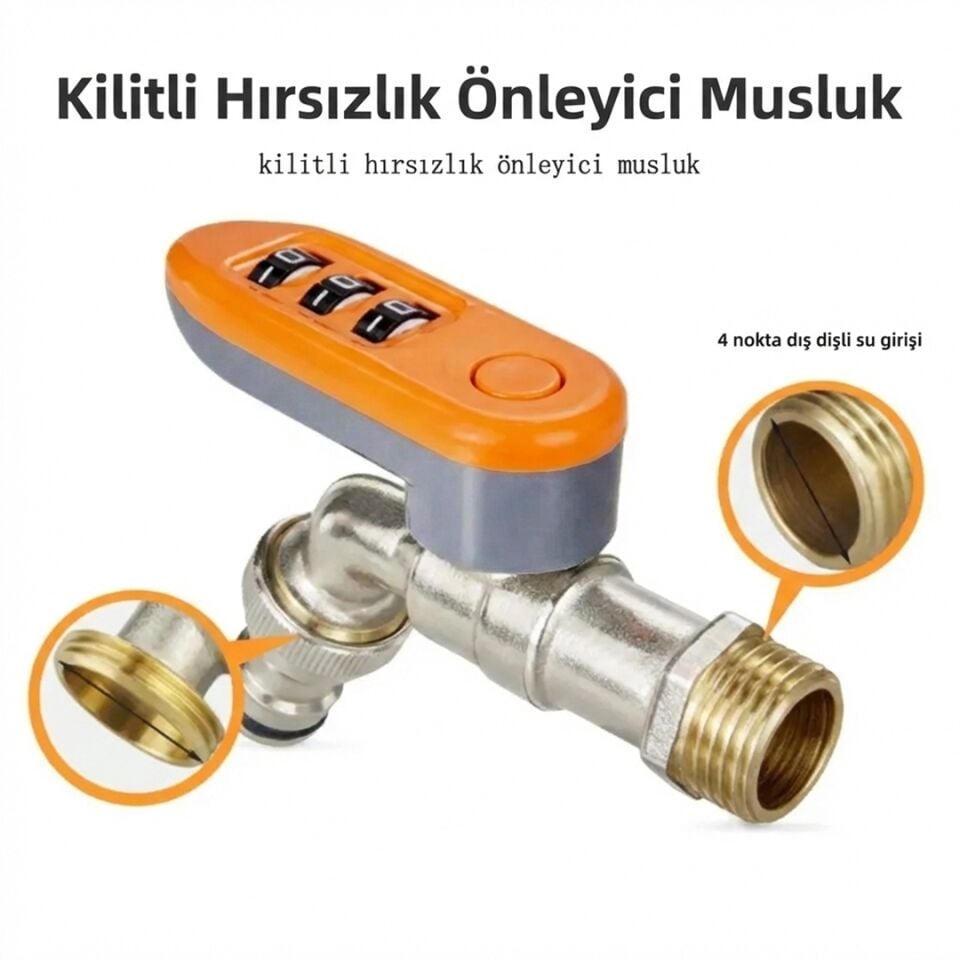 Sunup SN-29268 3 Haneli Şifreli Kilitli Bahçe Musluğu 1/2'' Dış Mekan Su Vanası Hortum Bağlantı Seti