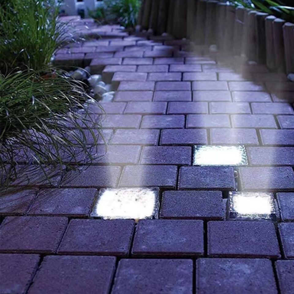 Powermaster Solar Güneş Enerjili Ledli Beyaz Tuğla Taş Görünümlü Zemin Duvar Dekorasyon Bahçe Aydınlatması Dekoratif