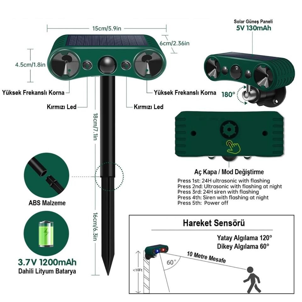 Ayt Powermaster PM-26958 Mikrofonlu Sesli Hayvan Kovucu Alarm Cihazı Solar Güneş Enerjili Panelli Vahşi Hayvan Kovacağı