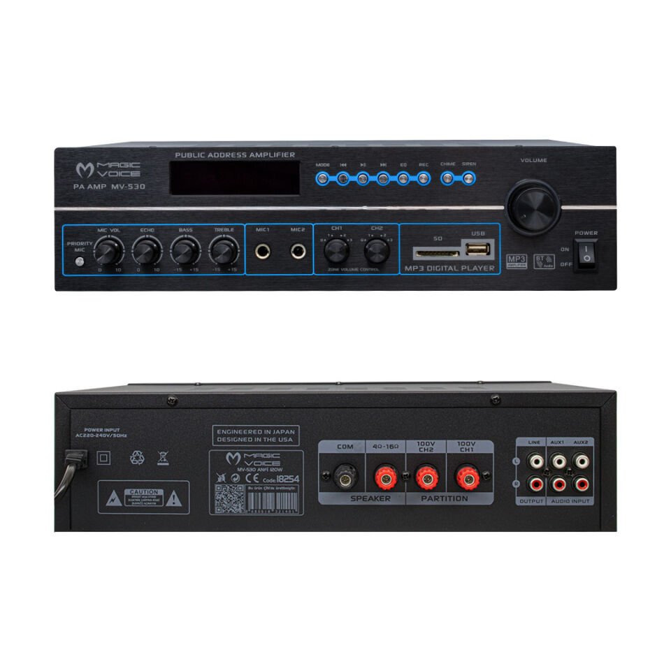 Magicvoice MV-530 120 Watt USB-SD-Bluetooth 2 Bölgeli Amfi Hat Trafolu Anfi 3 Mikrofon Girişli Kumanda Eko Ayarı