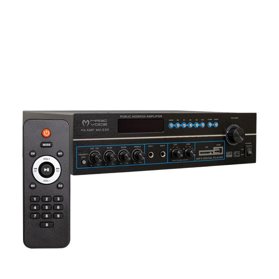 Magicvoice MV-530 120 Watt USB-SD-Bluetooth 2 Bölgeli Amfi Hat Trafolu Anfi 3 Mikrofon Girişli Kumanda Eko Ayarı