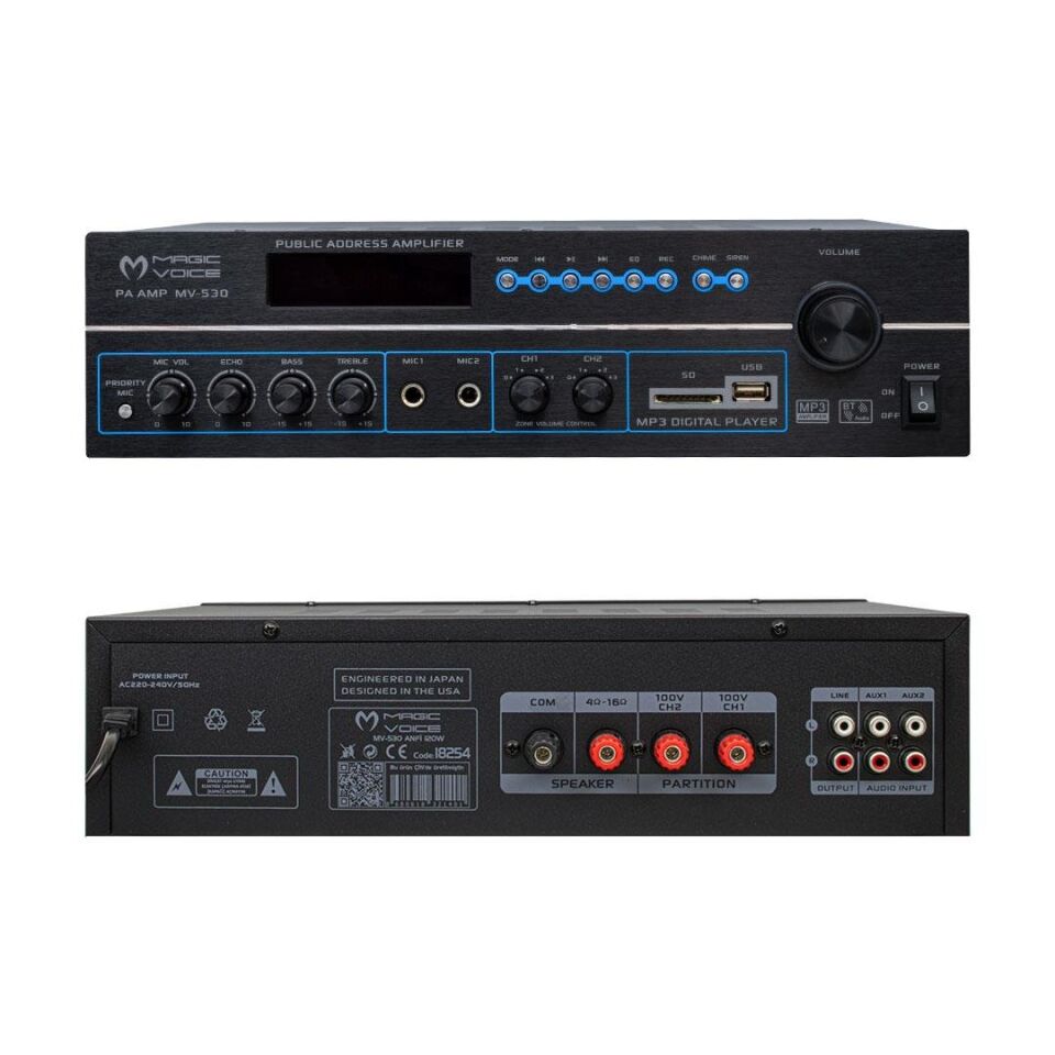 Magicvoice MV-530 120 Watt USB-SD-Bluetooth 2 Bölgeli Amfi Hat Trafolu Anfi 3 Mikrofon Girişli Kumanda Eko Ayarı
