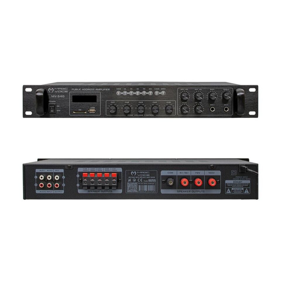 Magicvoice MV-540 80 Watt Usb Sd Kart Bluetooth 2 Mikrofon Amfi Girişli 5 Bölgeli Hat Trafolu Anfi Cami Okul Stüdyo