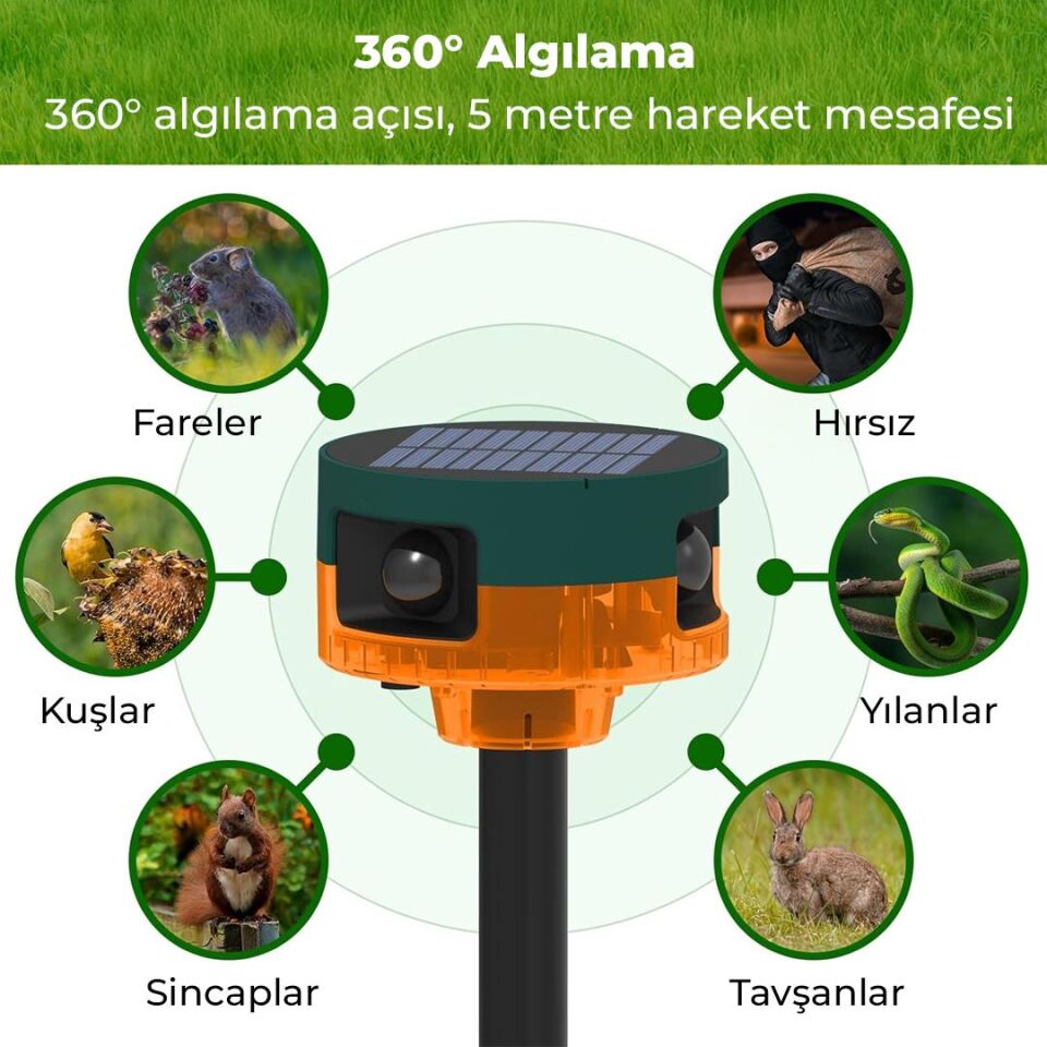 Ayt Powermaster PM-26947 Mikrofonlu Sesli Hayvan Kovucu Alarm Cihazı Solar Güneş Enerjili Panelli Vahşi Hayvan Kovacağı