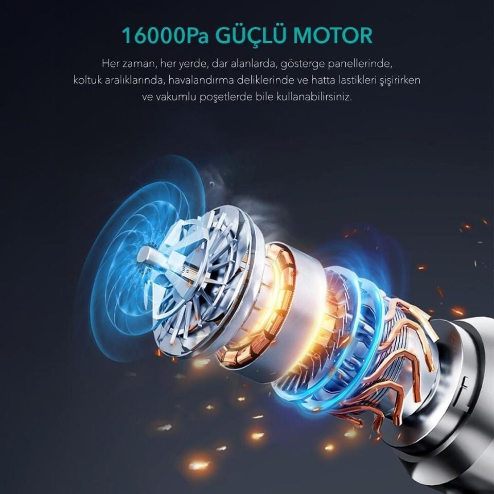Shibumi Tornada 100 Watt 6000Mah 16000Pa Çekiş Gücü 8 Adet Başlıklı Şarjlı Güçlü Üfleme Araç İçi Süpürge