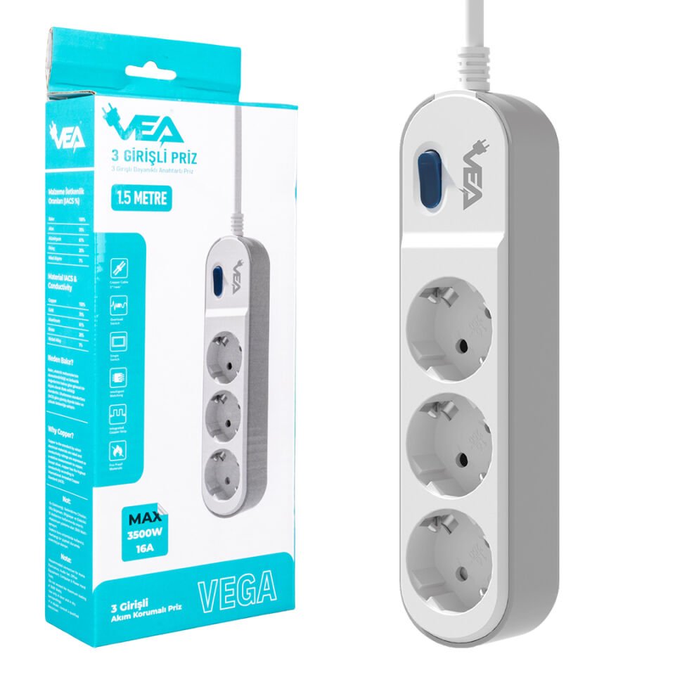 Vea VE-VEGA103 Akım Korumalı Grup Priz 1.5 Metre 3 lü Anahtarlı 3500 Watt 16 Amper Uzatma Kablosu Isıya Dayanıklı