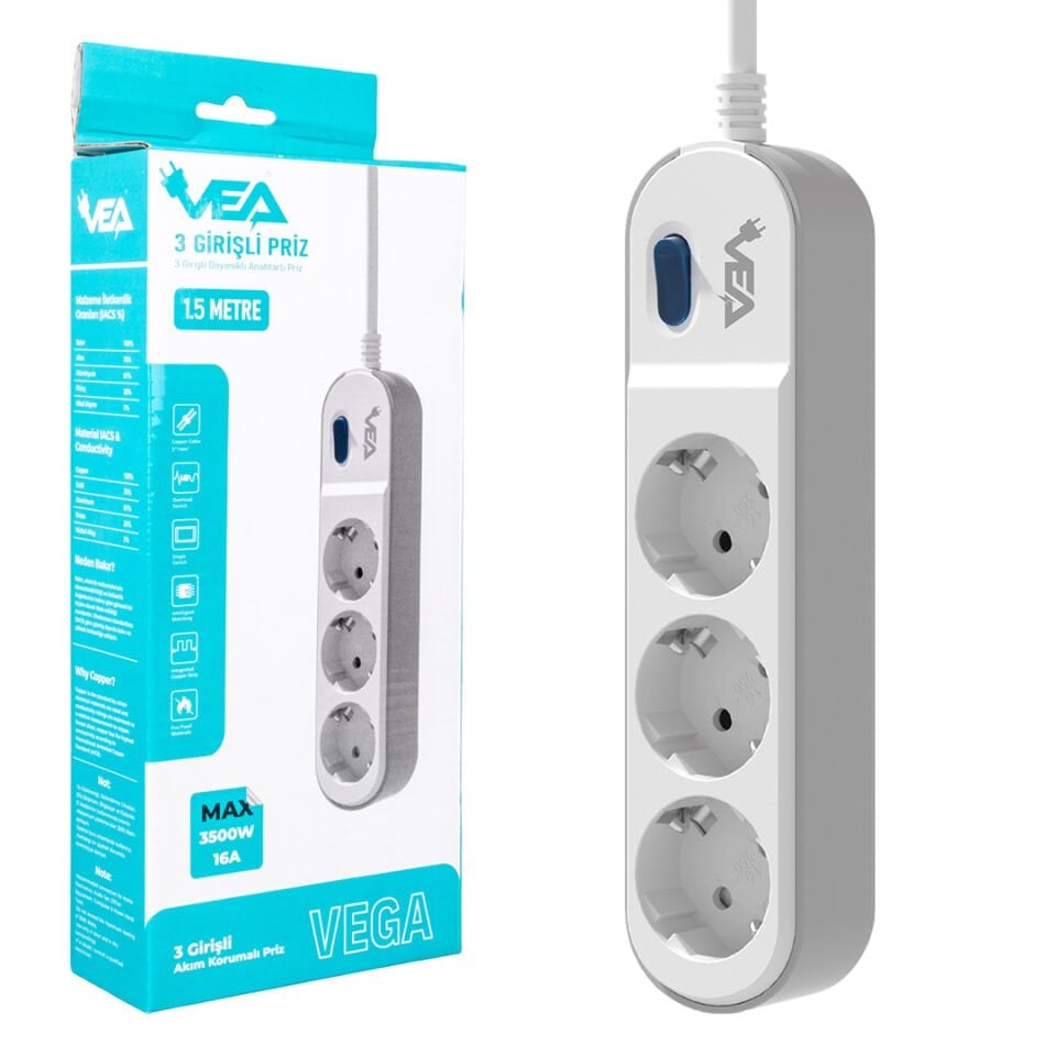 Vea VE-VEGA103 Akım Korumalı Grup Priz 1.5 Metre 3 lü Anahtarlı 3500 Watt 16 Amper Uzatma Kablosu Isıya Dayanıklı