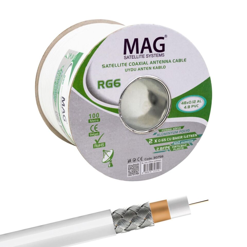 Mag RG59 Fa Mini Dual Bitişik Kablo 48 Tel Anten Kablosu 100 Metre Uydu Lnb Kablosu
