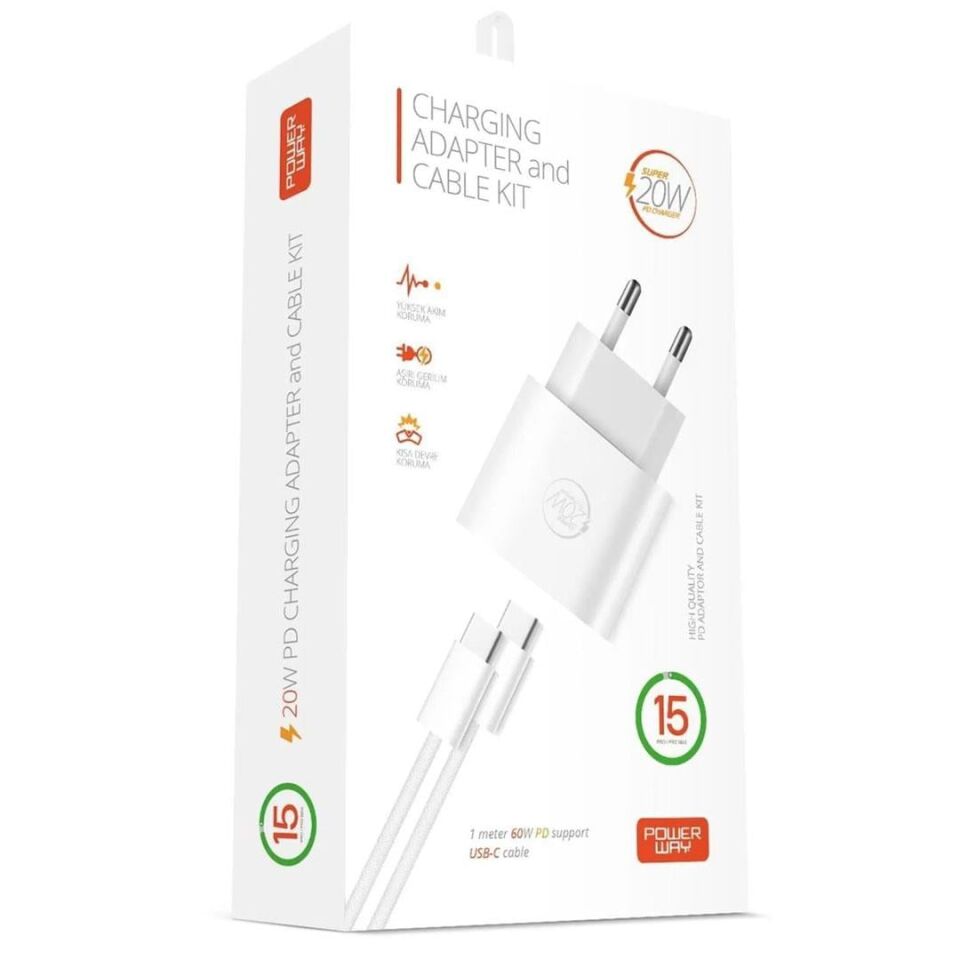 Powerway RXS27 20W Type-C Şarj Adaptörü - Kablo Seti (Apple 15 Pro-Pro Max Uyumlu)
