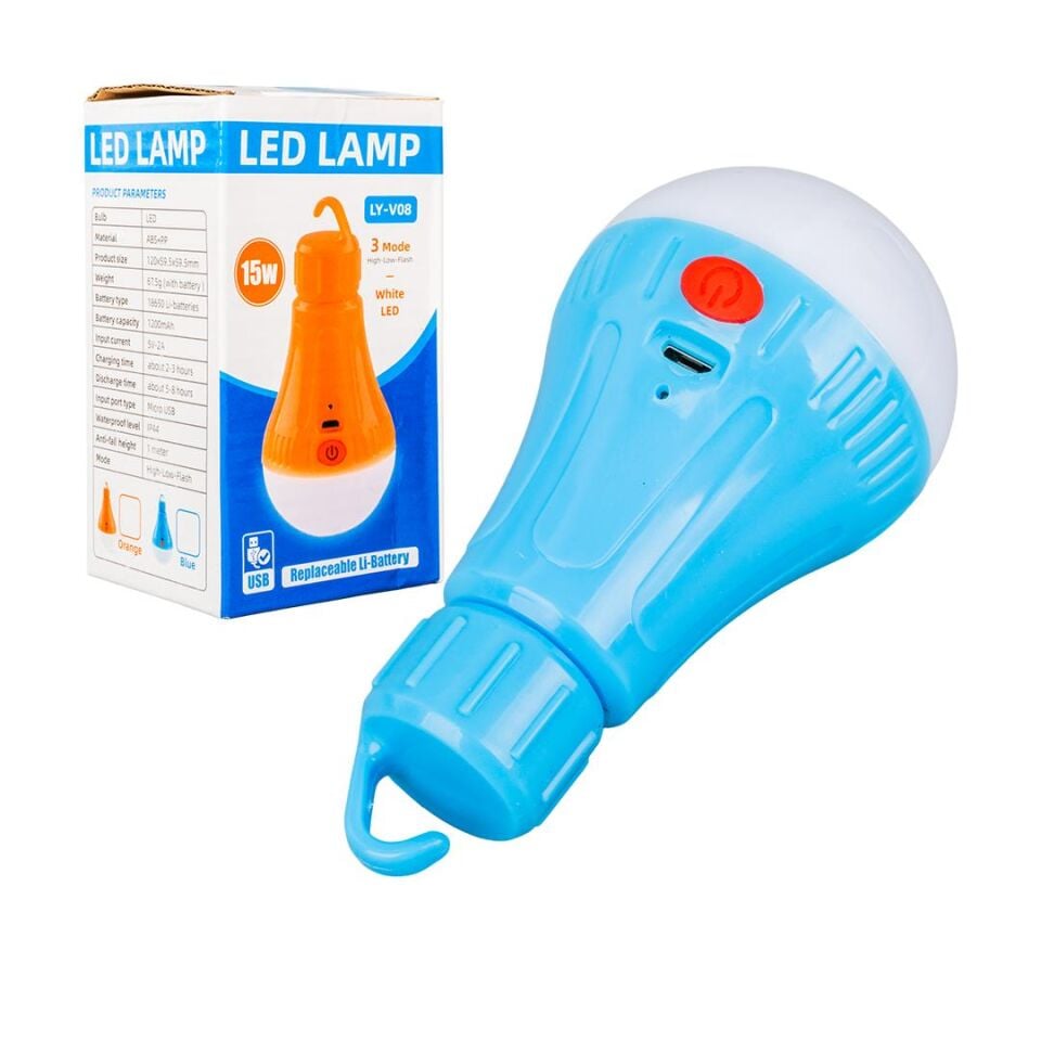 Powermaster Ly-V08 Kamp Aydınlatması Şarjlı Ampul 3 Kademeli Askılı Çadır Lambası Lion Pilli