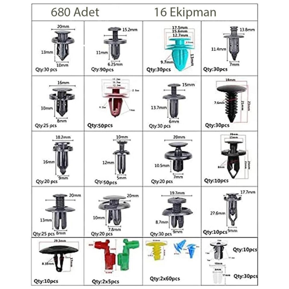 Ayt Powermaster PM-26823 Oto Araç Tampon Tutucu Klipsi Plastik Bağlantı Ekipmanları 696 lı Set Torpito Plastik Parça