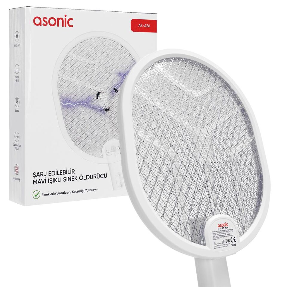 Ayt Asonic AS-A26 1200mAh 3000V Çıkış UV Işıklı Şarjli Katlanabilir Askılı Raket Sinek Öldürücü Sivrisinek Cız Mor Işık