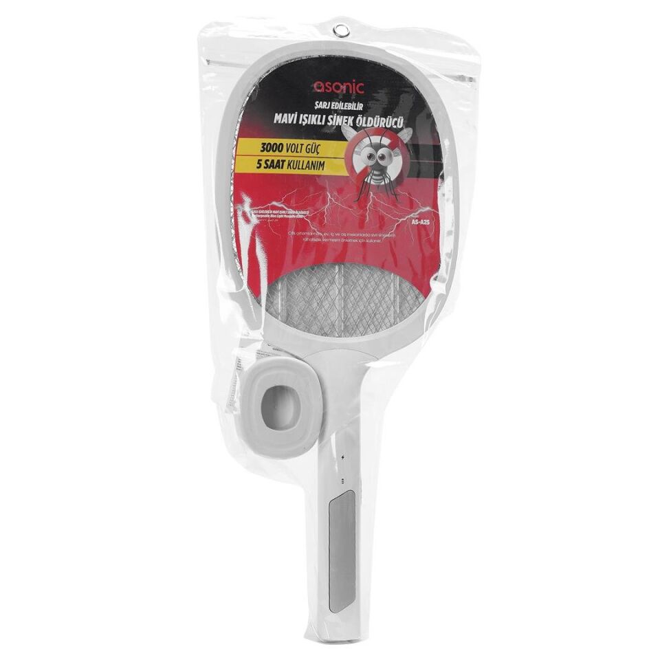 Ayt Asonic AS-A25 1200mAh 3000V Çıkış UV Işıklı Şarjli Katlanabilir Askılı Raket Sinek Öldürücü Sivrisinek Cız Mor Işık