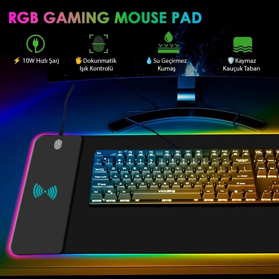 Ayt Powermaster PM-25115 XL RGB Gaming Mouse Pad Wireless Kablosuz Telefon Şarj Destekli 14 Modlu Kaymaz Su Geçirmez