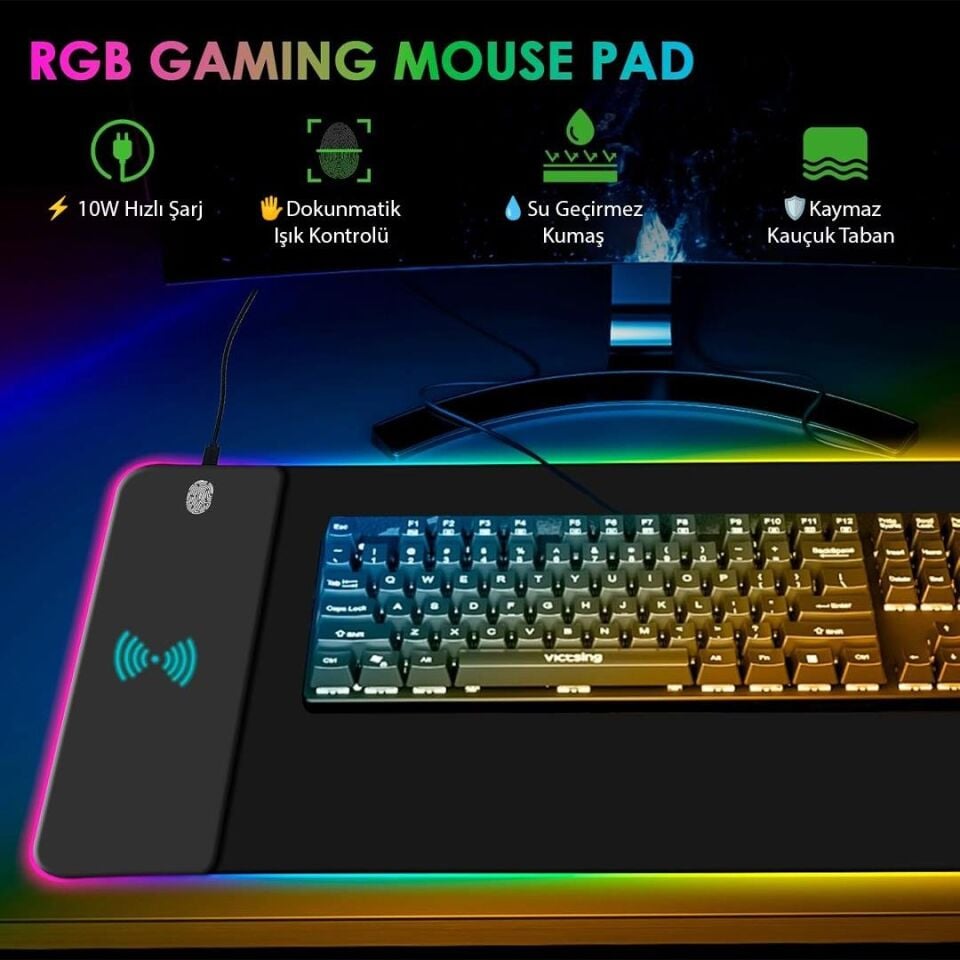 Ayt Powermaster PM-25115 XL RGB Gaming Mouse Pad Wireless Kablosuz Telefon Şarj Destekli 14 Modlu Kaymaz Su Geçirmez