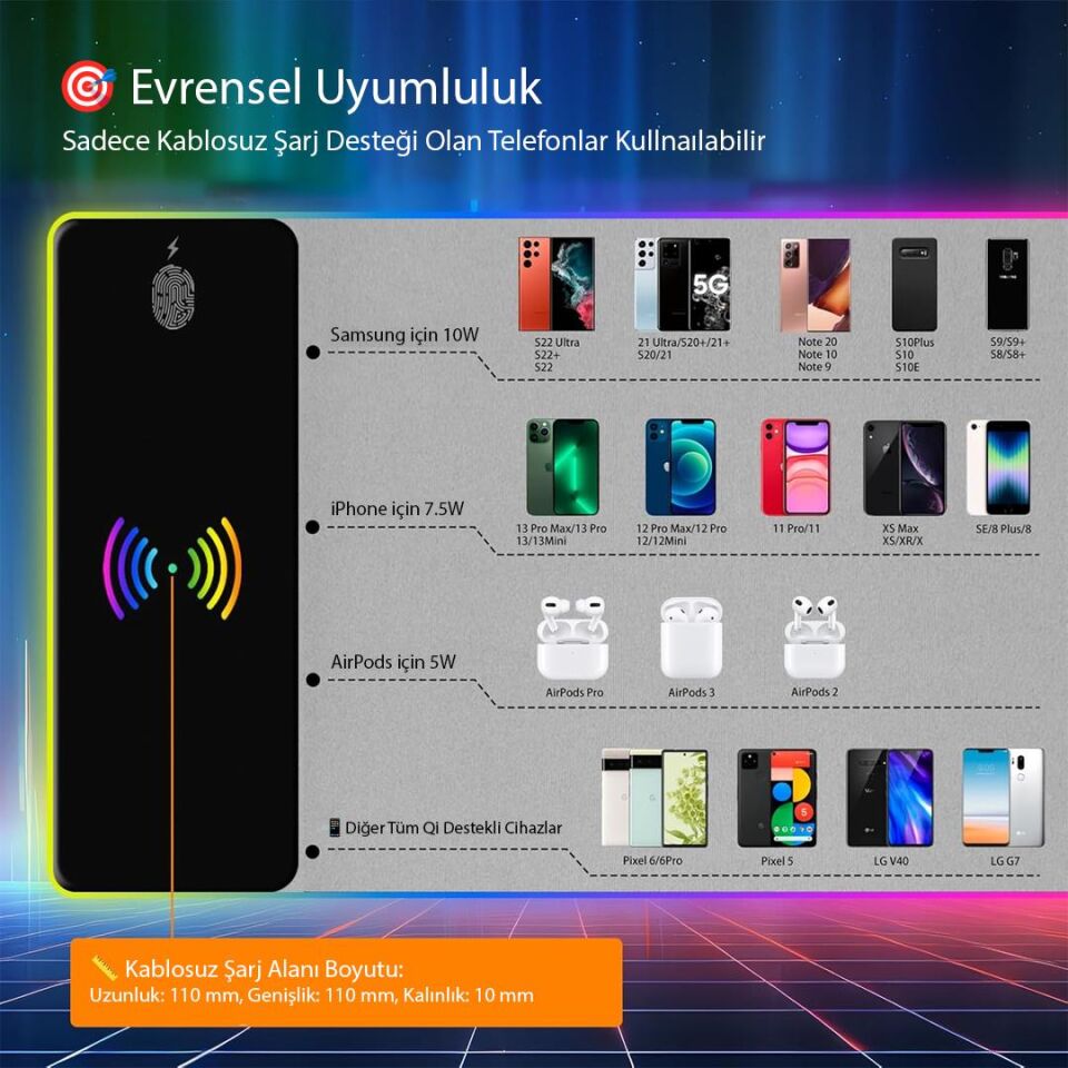 Ayt Powermaster PM-25115 XL RGB Gaming Mouse Pad Wireless Kablosuz Telefon Şarj Destekli 14 Modlu Kaymaz Su Geçirmez