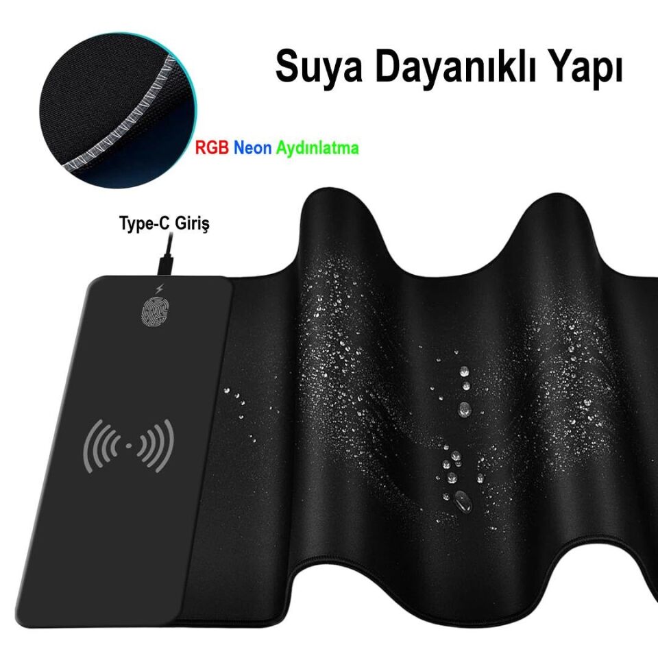 Ayt Powermaster PM-25115 XL RGB Gaming Mouse Pad Wireless Kablosuz Telefon Şarj Destekli 14 Modlu Kaymaz Su Geçirmez
