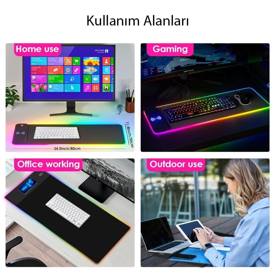 Ayt Powermaster PM-25115 XL RGB Gaming Mouse Pad Wireless Kablosuz Telefon Şarj Destekli 14 Modlu Kaymaz Su Geçirmez