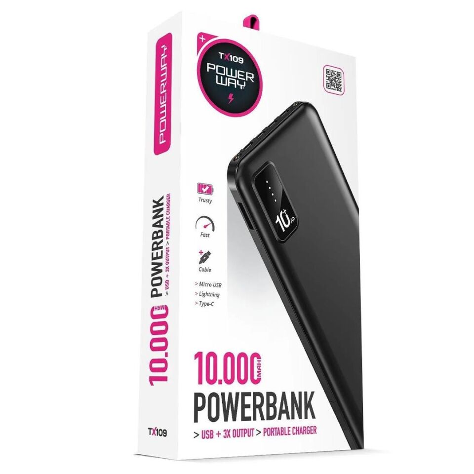 Powerway TX109 10.000Mah Kablolu Dijital Göstergeli Fenerli Powerbank Dahili Telefon Stand (MİCRO - TYPE C - LİGHTNİNG)
