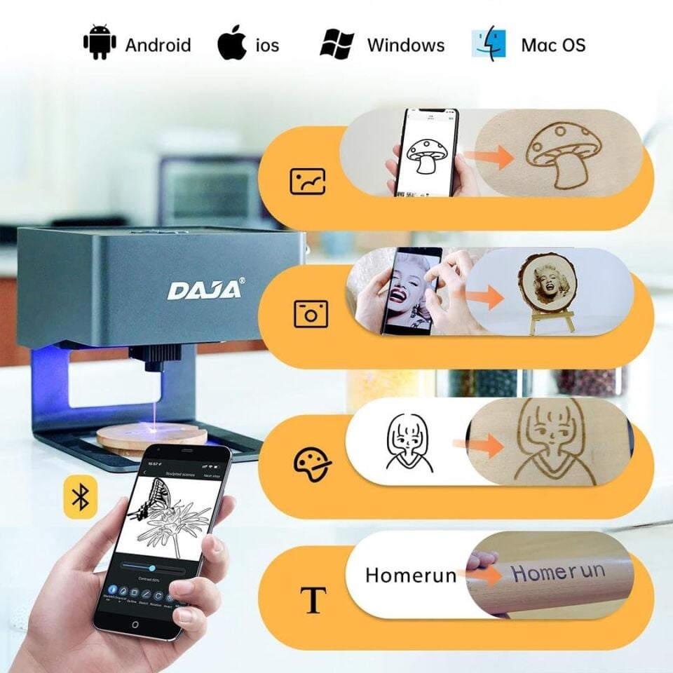 Ayt Daja DJ6 Lazer Gravür Baskı Kesim Oyma Makinesi Profesyonel Lazer İşleme Çözümü 80x80mm Çalışma Alanı Kesim Yakma