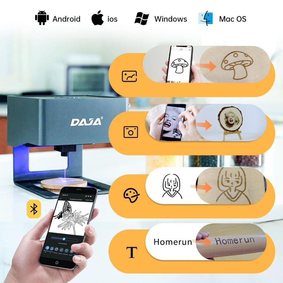 Ayt Daja DJ6 Lazer Gravür Baskı Kesim Oyma Makinesi Profesyonel Lazer İşleme Çözümü 80x80mm Çalışma Alanı Kesim Yakma