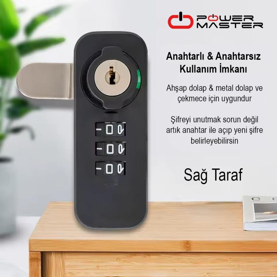 Ayt Powermaster PM-26726 3 Haneli Şifreli Ve Anahtarlı Mekanik Siyah Çekmece Dolap Kilidi Sağ Kilit