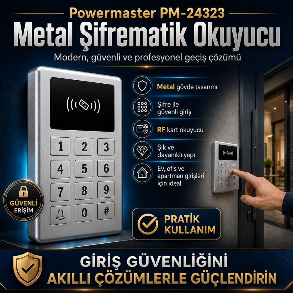 Powermaster PM-24323 Metal Şifrematik Okuyucu Kartlı Tagg Geçiş Sistemi Şifreli Geçiş