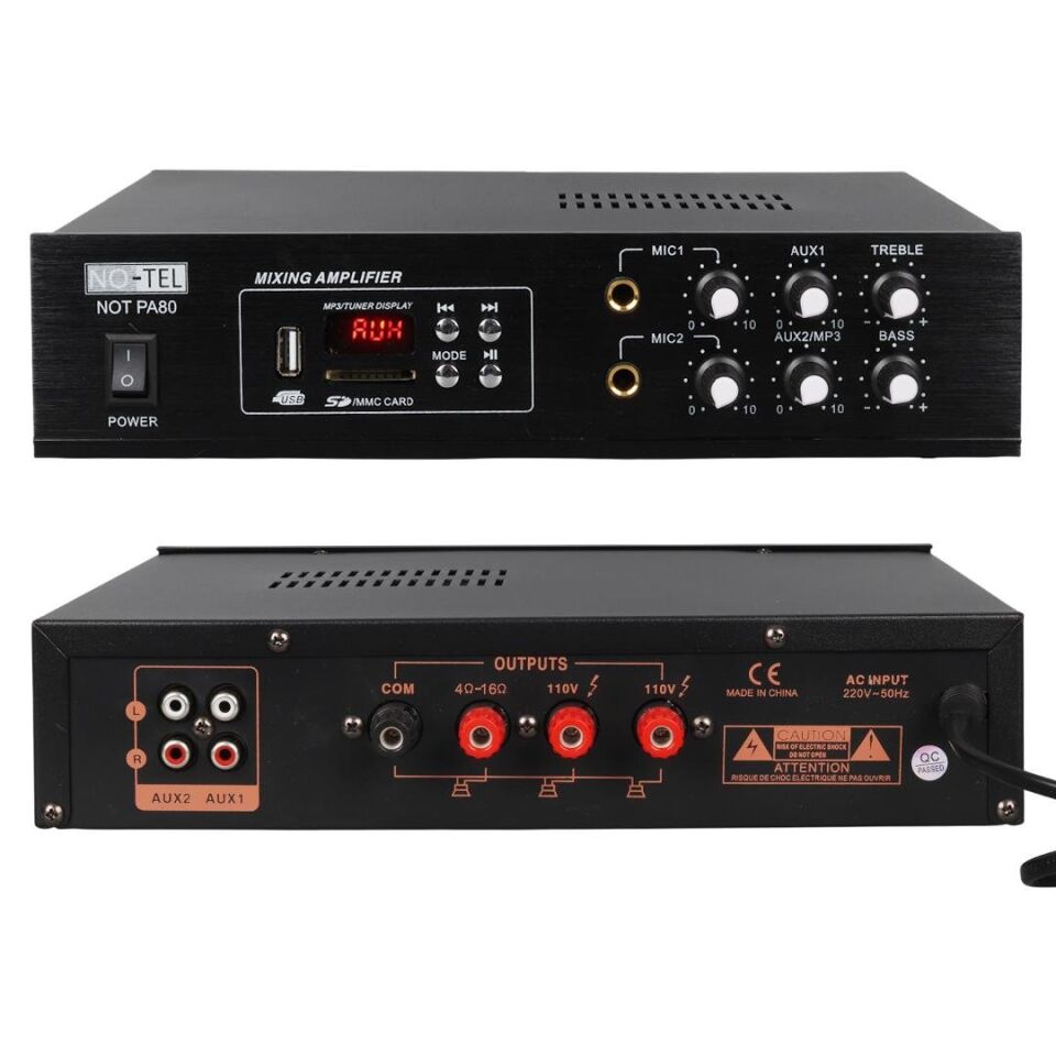 No-Tel 80 Watt Mini Usb Sd Kart Bluetooth 70-100 V 2 Mikrofon Giriş Trafolu Anfi NOT-PA80 Amfi