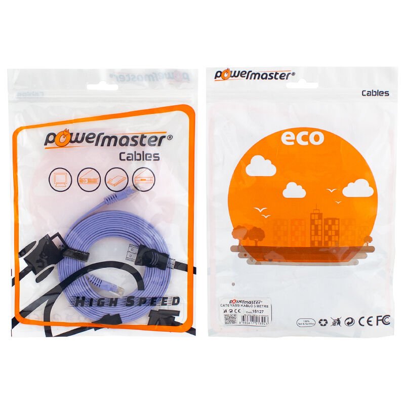 Powermaster Cat6 Ethernet Network İnternet Kablosu Yassı Flat Kablo 3 Metre