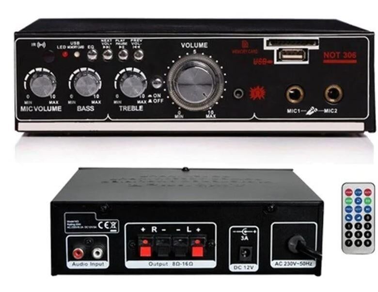 Notel Not-306 2X20W 4-8 Ohm Usb Sd Girişli Bluetoothlu 2 Mikrofon Girişli Trafosuz Amfi Stereo Mini Anfi Uzaktan Kumanda
