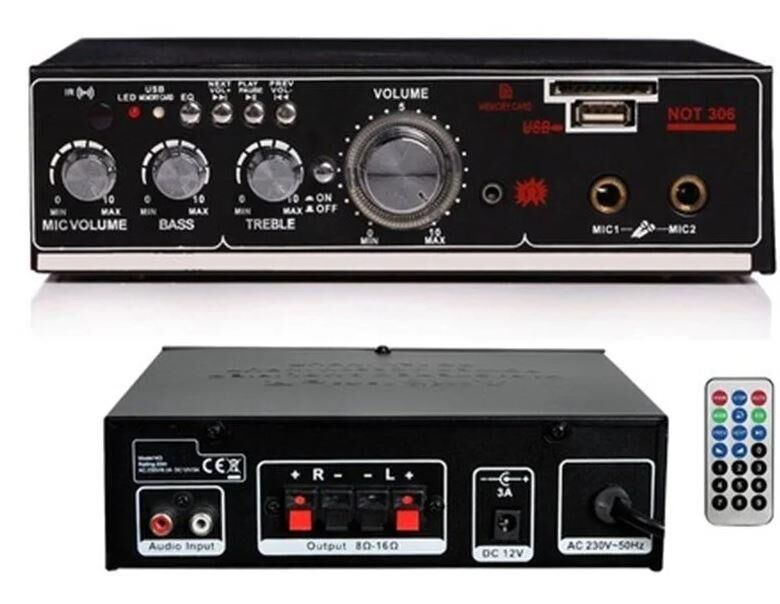 Notel Not-306 2X20W 4-8 Ohm Usb Sd Girişli Bluetoothlu 2 Mikrofon Girişli Trafosuz Amfi Stereo Mini Anfi Uzaktan Kumanda
