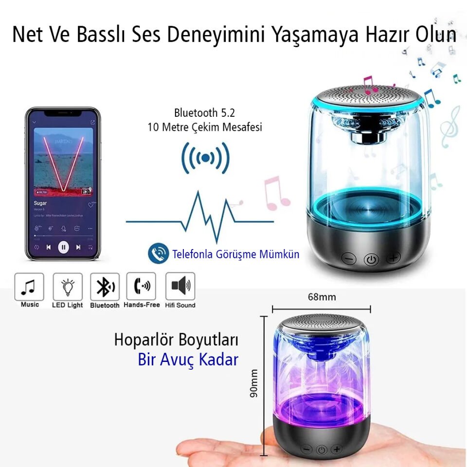 Magicvoice Mv-24695 600 Mah Taşınabilir Rgb Mikrofonlu Aux Tf Kart Bluetooth 3 Watt Mini Speaker Hoparlör Ses Bombası