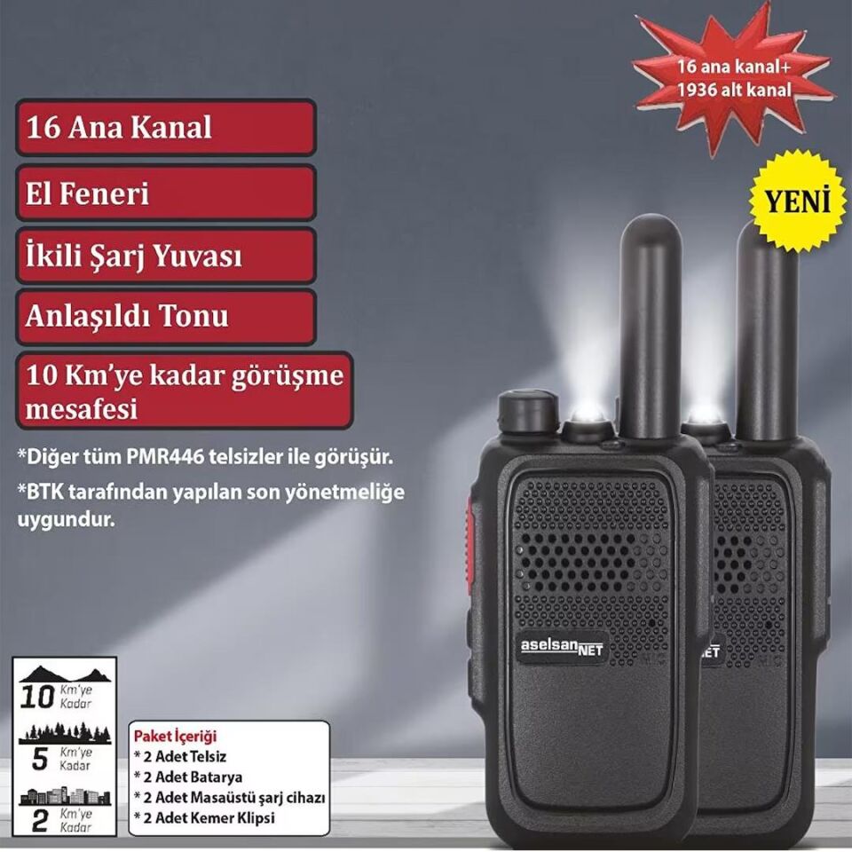 Aselsan PM-580 Pmr 10 Km 16 Kanal + 121 Alt Kanal Şarj Dahil İkili El Telsizi