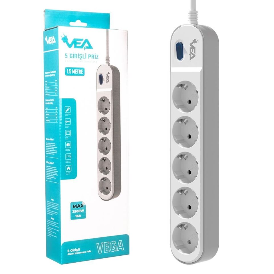 Vea VE-VEGA105 Grup Priz Uzatma 5 Li Priz 1.5 Metre 3500 Watt 16 Amper Isıya Dayanıklı Akım Korumalı Priz