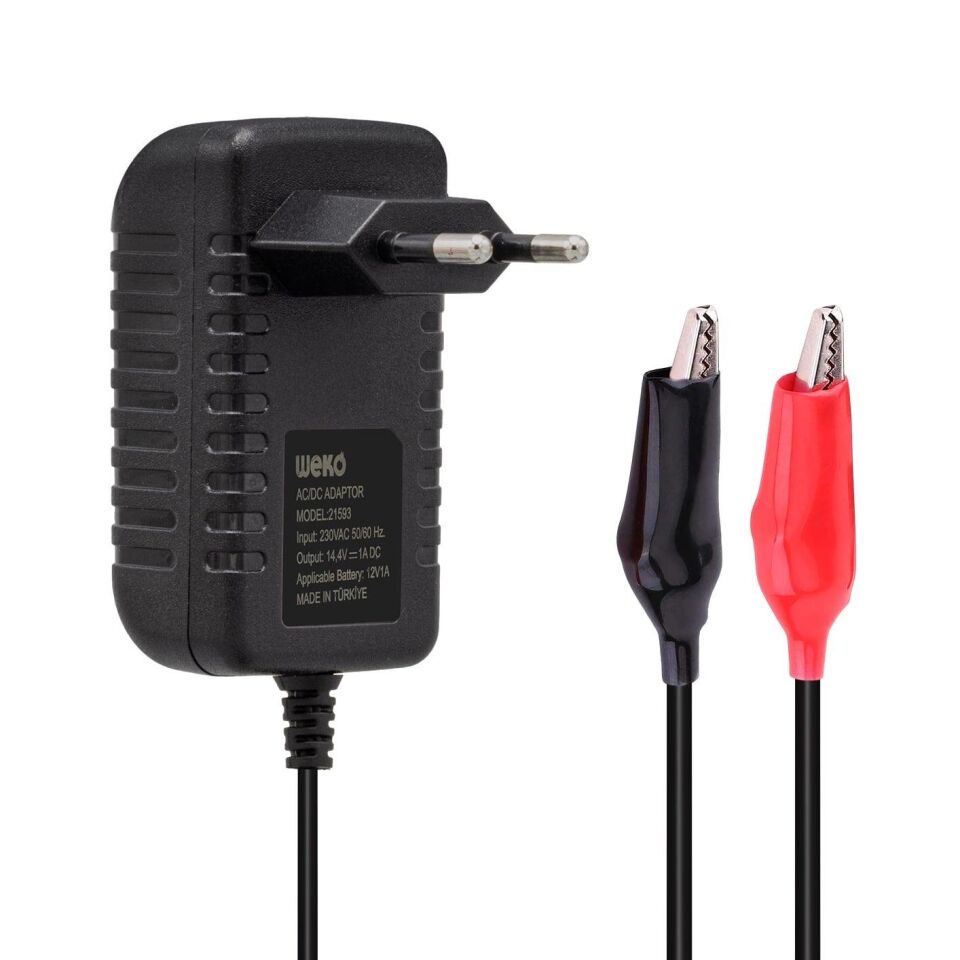 Weko 14.4 Volt 1 Amper Krokodil Uçlu Adaptör Akü Şarj Cihazı Aleti Kuru Asit Jel Aküde Kullanılır 14.4V-1A