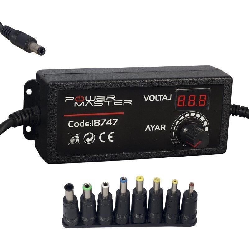 Powermaster PM-18747 Dijital Ekranlı 12 Volt - 24 Volt / 5 Amper Çok Uçlu Ayarlı Kademeli Adaptör
