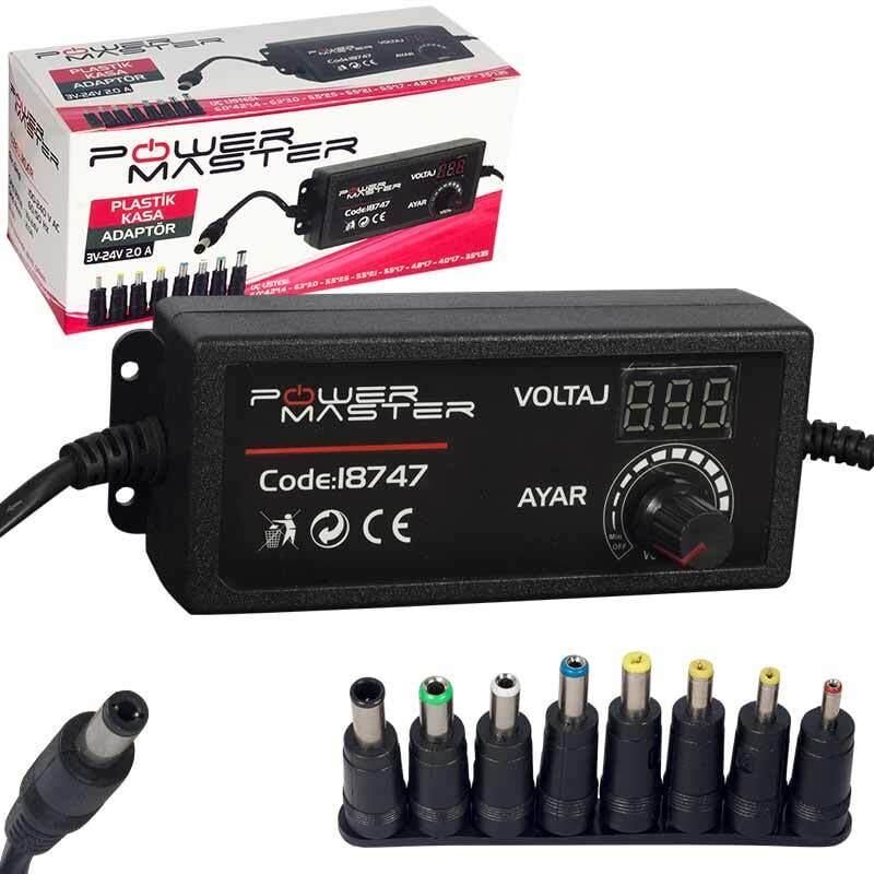 Powermaster PM-18747 Dijital Ekranlı 12 Volt - 24 Volt / 5 Amper Çok Uçlu Ayarlı Kademeli Adaptör